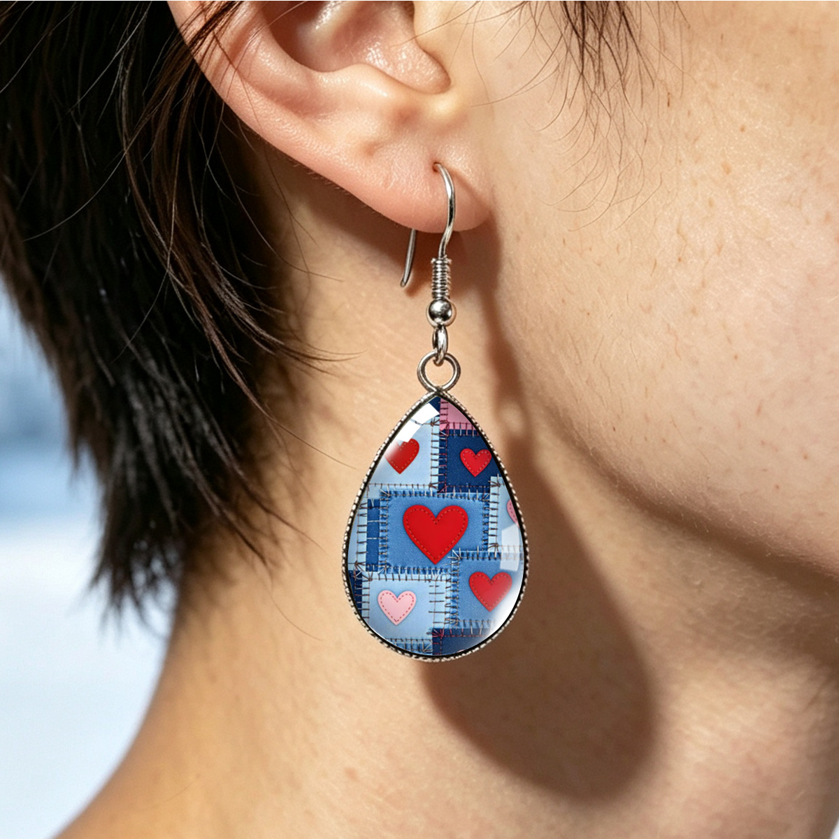 Denim Patchwork Red Heart Pattern Drop Earrings